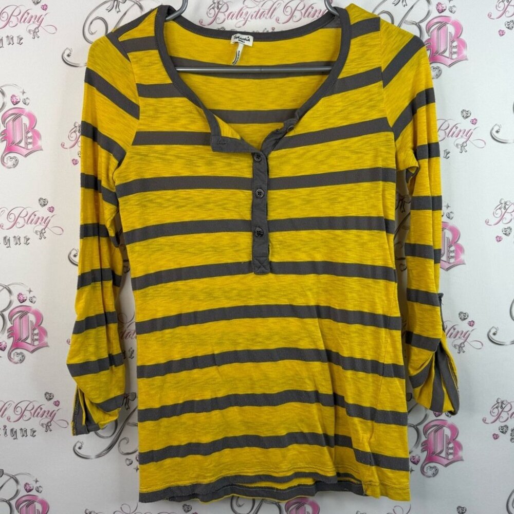 Splendid Mustard and grey Striped Long Sleeve Top button up preppy Y2K